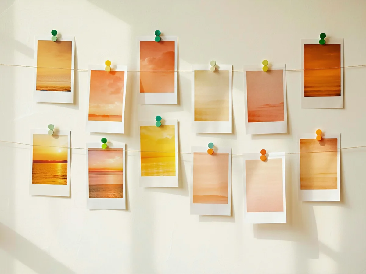 Reference mood board with pinned image cards and color swatch